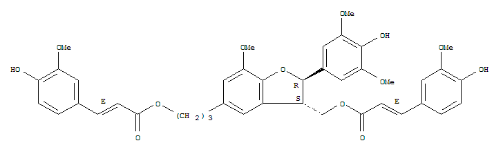2-Propenoic acid,3-(4-hydroxy-3-methoxyphenyl)-,3-[(2R,3S)-2,3-dihydro-2-(4-hydroxy-3,5-dimethoxyphenyl)-3-[[[(2E)-3-(4-hydroxy-3-methoxyphenyl)-1-oxo-2-propen-1-yl]oxy]methyl]-7-methoxy-5-benzofuranyl]propylester, (2E)-rel-