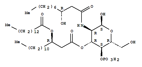 a-D-Glucopyranose,2-deoxy-2-[(3-hydroxy-1-oxodecyl)amino]-, 4-(dihydrogen phosphate)3-[3-[(1-oxotetradecyl)oxy]tetradecanoate], [2(R),3(R)]- molecular structure