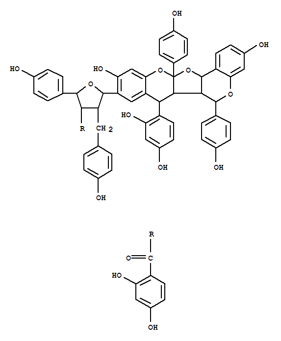 Methanone,(2,4-dihydroxyphenyl)[5-[7-(2,4-dihydroxyphenyl)-6a,6b,12a,13a-tetrahydro-3,10-dihydroxy-6,12a-bis(4-hydroxyphenyl)-6H,7H-furo[2,3-b:4,5-c']bis[1]benzopyran-9-yl]tetrahydro-2-(4-hydroxyphenyl)-4-[(4-hydroxyphenyl)methyl]-3-furanyl]-,[6a,6aa,6bb, molecular structure