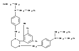 2-(1,3-bis{4-[bis(2-chloroethyl)amino]benzyl}hexahydropyrimidin-2-yl)-4,6-dichlorophenol molecular structure