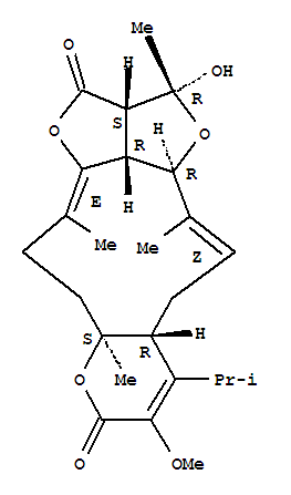 2H,3H,9H-Difuro[3,2-6,7:2',3'-7,8]cycloundeca[1,2-b]pyran-3,9-dione,2a,6,7,7a,11a,12,14a,14b-octahydro-2-hydroxy-10-methoxy-2,5,7a,14-tetramethyl-11-(1-methylethyl)-,(2R,2aS,4aE,7aS,11aR,13Z,14aR,14bR)-rel- molecular structure