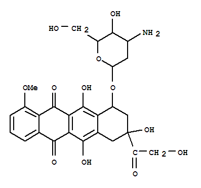 (8S,10S)-10-((3-Amino-2,3-dideoxy-alpha-L-arabinohexopyranosyl)oxy)-7, 8,9,10-tetrahydro-6,8,11-trihydroxy-8-(hydroxyacetyl)-1-methoxy-5,12-n aphthacenedione molecular structure