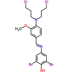 4-[[4-[bis(3-chloropropyl)amino]-3-methoxyphenyl]methylideneamino]-2,6-dibromophenol;hydrochloride molecular structure