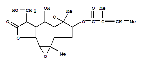 2-Methyl-2-butenoic acid [decahydro-8-hydroxy-7-hydroxymethyl-1a,3b-dimethyl-6-oxo-3H-bisoxireno[3,3a:7,8]azuleno[6,5-b]furan-2-yl] ester molecular structure