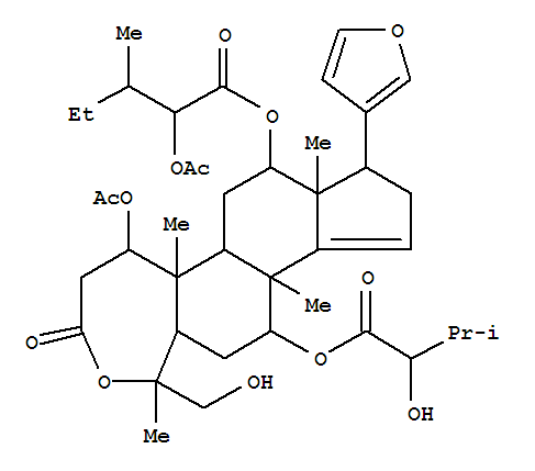 A-Homo-24-nor-4-oxachola-14,20,22-trien-3-one,1-(acetyloxy)-12-[[2-(acetyloxy)-3-methyl-1-oxopentyl]oxy]-21,23-epoxy-4a-(hydroxymethyl)-7-(2-hydroxy-3-methyl-1-oxobutoxy)-4a,8-dimethyl-,(1a,4ab,5a,7a,12a,13a,17a)- molecular structure