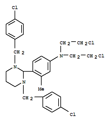 4-[1,3-bis(4-chlorobenzyl)hexahydropyrimidin-2-yl]-N,N-bis(2-chloroethyl)-3-methylaniline molecular structure