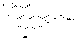 2-Propen-1-one,1-[7-hydroxy-5-methoxy-2-methyl-2-(4-methyl-3-penten-1-yl)-2H-1-benzopyran-8-yl]-3-phenyl-,(2E)- molecular structure