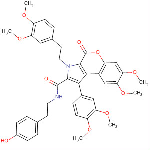 [1]Benzopyrano[3,4-b]pyrrole-2-carboxamide,1-(3,4-dimethoxyphenyl)-3-[2-(3,4-dimethoxyphenyl)ethyl]-3,4-dihydro-N-[2-(4-hydroxyphenyl)ethyl]-7,8-dimethoxy-4-oxo- molecular structure