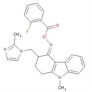 4H-Carbazol-4-one,1,2,3,9-tetrahydro-9-methyl-3-[(2-methyl-1H-imidazol-1-yl)methyl]-,O-2-fluorobenzoyloxime, (4E)- molecular structure