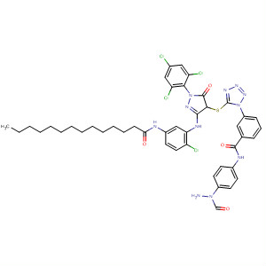 Benzamide,3-[5-[[3-[[2-chloro-5-[(1-oxotetradecyl)amino]phenyl]amino]-4,5-dihydro-5-oxo-1-(2,4,6-trichlorophenyl)-1H-pyrazol-4-yl]thio]-1H-tetrazol-1-yl]-N-[4-(2-formylhydrazino)phenyl]- molecular structure